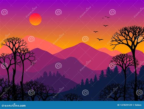 Abstract Mountain Forest On Bright Sky Landscape With Tree Silhouettes