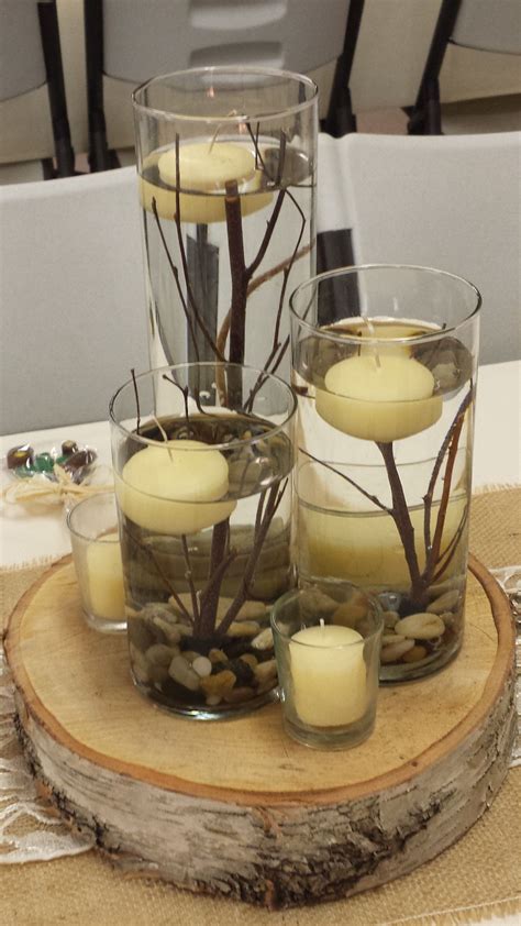 Rustic Wedding Centerpiece 3 Cylinder Set With Sticks And Pebble Rocks