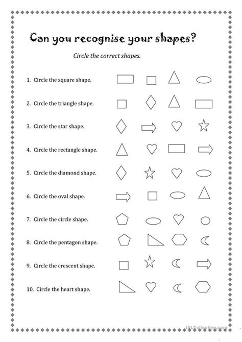 Circle, square, triangle, oval, rectangle and trapezoid with vibrant colors can also be used for scissor training. 106 FREE ESL Shapes worksheets