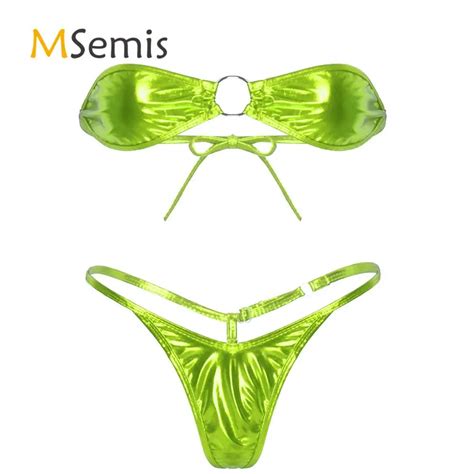 2pcs womens bikini lingerie set shiny metallic strapless tie back mini bra top with thong g