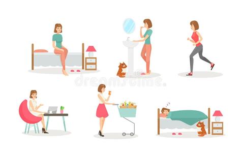Woman Day Routine Flat Vector Illustrations Set Morning Procedures
