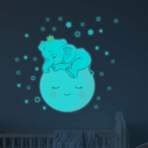 Vinilos Fosforescente Niño Bebé Elefante En La Luna Y 30 Estrellas