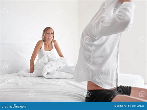 Man Undress And Woman In Bed For Relax Morning As Couple For Romance Connection Or Marriage