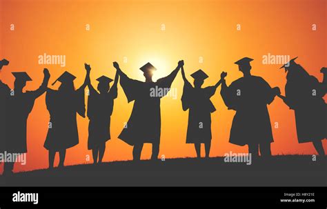 Group Students Hands Raised Graduation Silhouette Concept Stock Photo