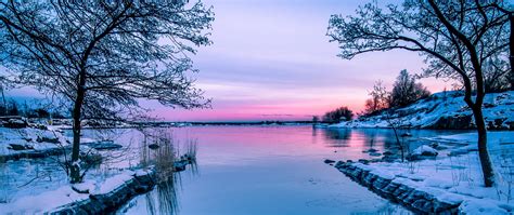 Download Wallpaper 2560x1080 Lake Sunset Horizon Winter Dual Wide