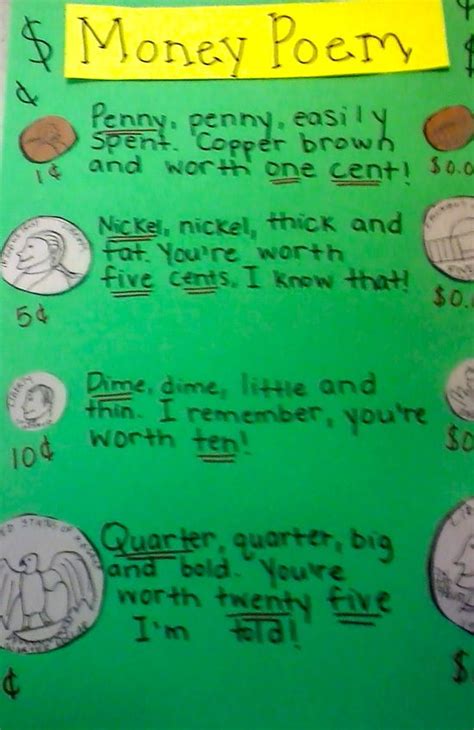Classroom Decor Ideas Money Poem For Teaching Coins
