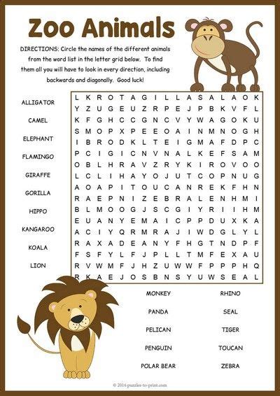 Zoo Animals Word Search Puzzle Animal Activities For Kids Zoo