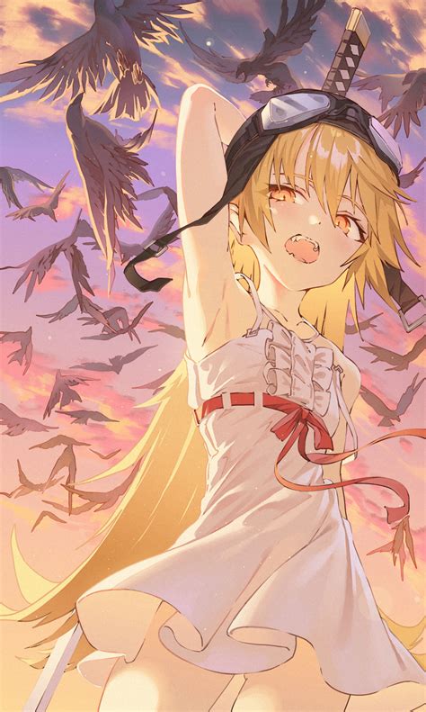 Safebooru 1girl Arm Up Armpits Aviator Cap Bakemonogatari Bird Black Headwear Blonde Hair