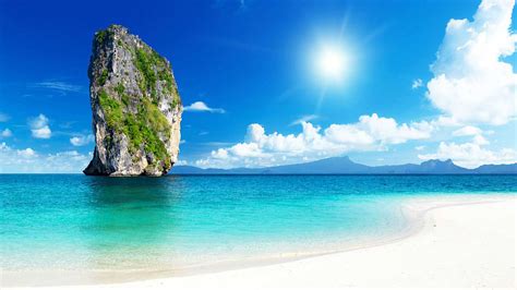 Beautiful Blue Sea Rock Sun Sky With White Clouds Krabi