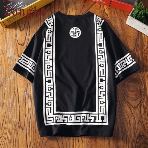 Zongke Japanese T Shirt Men National Style Striped Harajuku Streetwear