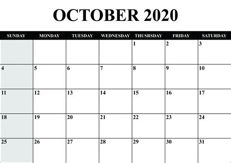 October 2020 Calendar Template Monthly Excel Printable Blank Calendar