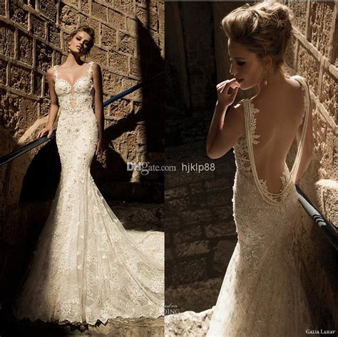 2015 New Arrival Sexy Backless Galia Lahav Wedding Dresses Vintage Lace Beads Pearls Open Back