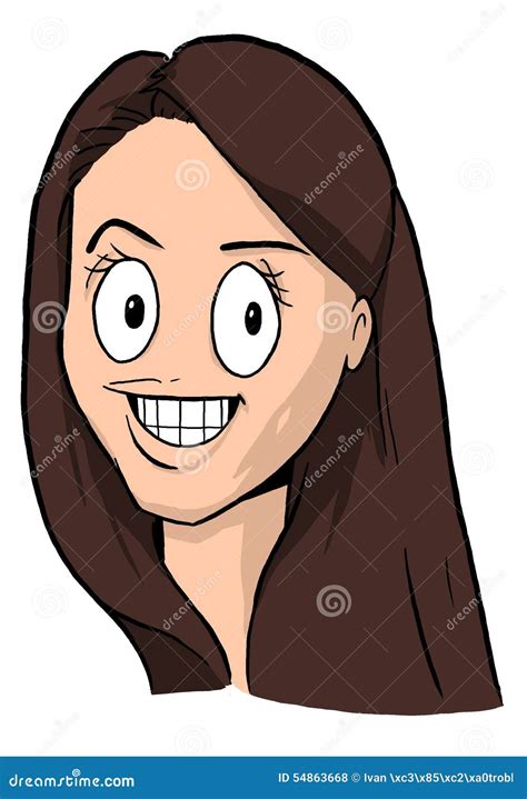 Caricature Of Girl With Dark Brown Hair Big Eyes And Big Smile Stock