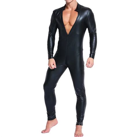 faux leather men s stretchy zipper bodysuit sexy mens wet look long sleeve slim tight leotard