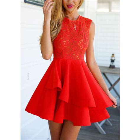 With Zipper Lace Insert Flare Red Dress 25 Aud Liked On Polyvore