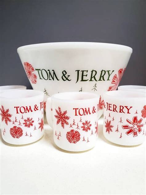 Fire King Tom And Jerry Punch Bowl Set White Milk Glass Red Etsy