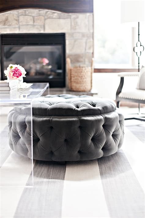 The stunning sheen of the velvet is highlighted by button tufting on top, which adds a refined touch. Upholstered Ottoman Coffee Table With Shelf • Display Cabinet