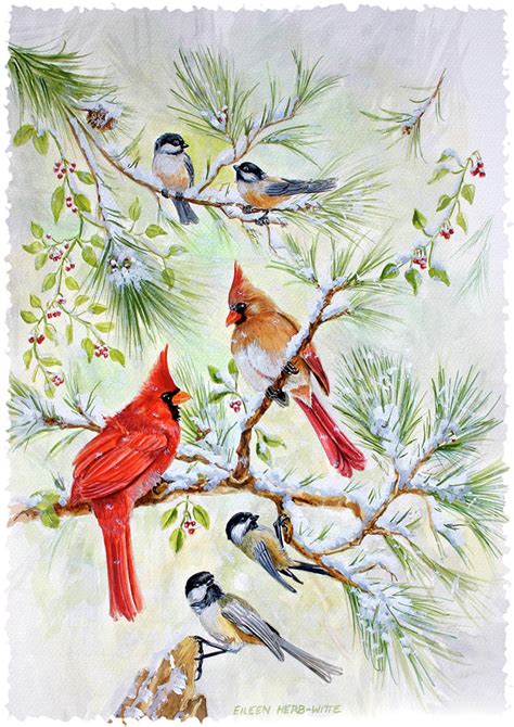 Cardinals And Chickadees Painting By Eileen Herb Witte Pixels