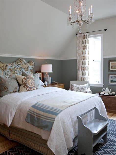 A deep blue like this creates the perception of depth. Gray French Country Bedroom With Chandelier and Floral ...
