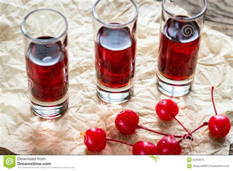 Glasses Of Cherry Brandy With Cocktail Cherries Stock Image Image Of Licor Classic 62358275
