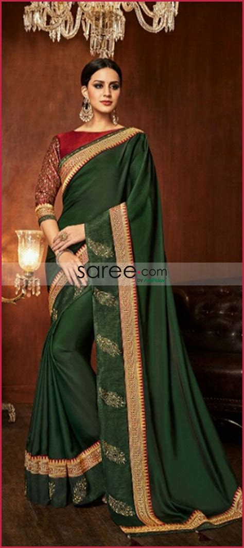 Dark Green Satin Silk Plain Saree With Designer Blouse Party Wear Sarees Green Saree Red Blouses