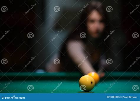 Attractive Brunette Girl Playing Billiard Game Stock Image Image Of