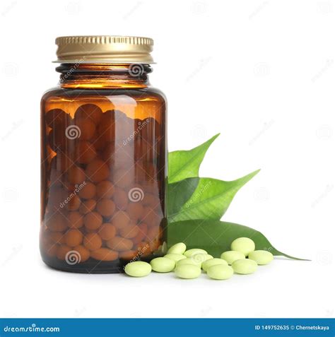 Bottle With Vitamin Pills And Green Leaves Stock Image Image Of Dose
