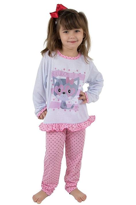 Pijama Longo De Malha Infantil Rosa Com Poá Em Malha é Um Conjunto Super Confortável Moda