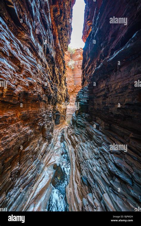 hiking to handrail pool in the weano gorge in karijini national park western australia stock