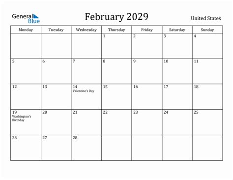 February 2029 Monthly Calendar With United States Holidays