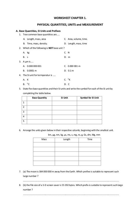 worksheet chapter physical quantities units