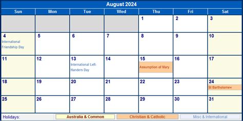August 2024 Australia Calendar With Holidays For Printing Image Format