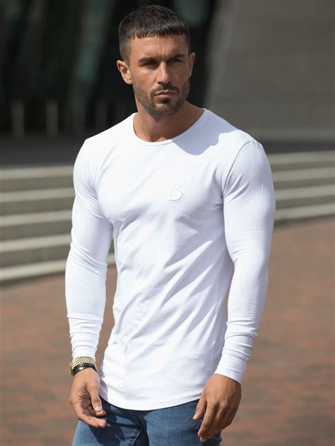 bbh mens gym t shirt longline slim muscle fit long sleeve plain curved hem tee ebay