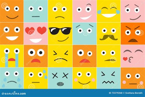 Set Square Emoticons With Different Emotions Vector Illustration Stock