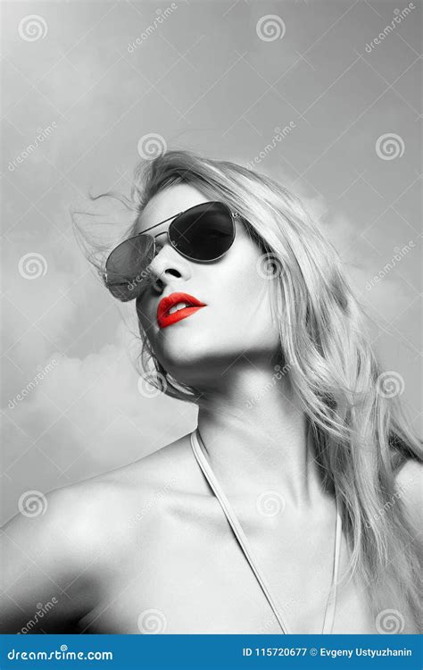 beautiful girl in sunglasses and red lips stock image image of happy female 115720677