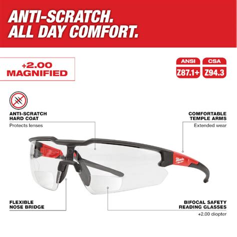 milwaukee 48 73 2204 safety glasses 2 00 magnified anti scratch
