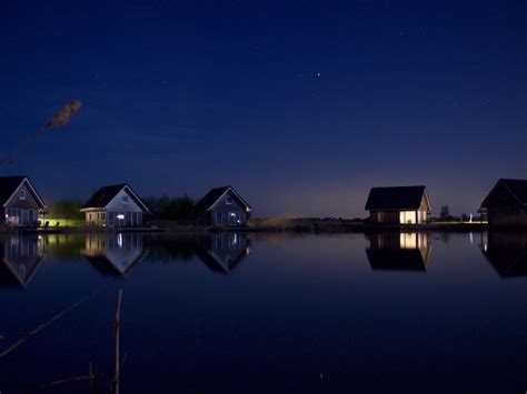 Houses At Lake Water Starry Night 5k Wallpaper 4k