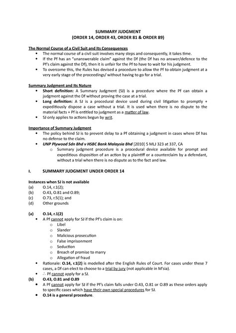 1 Summary Judgment Summary Judgment Order 14 Order 43 Order 81