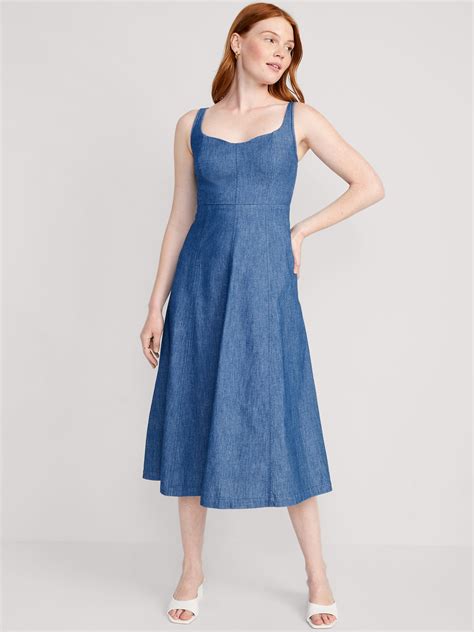 Fit And Flare Sleeveless Jean Midi Dress Old Navy