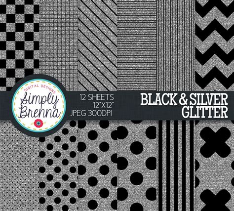 Silver And Black Glitter Digital Paper Pack 12 Sheets