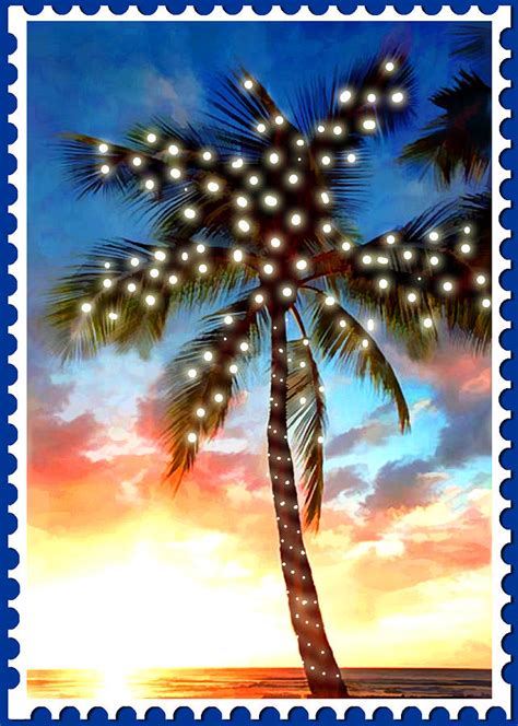 Sunset Palm Tree With Xmas Lights Stamp Painting By Elaine Plesser