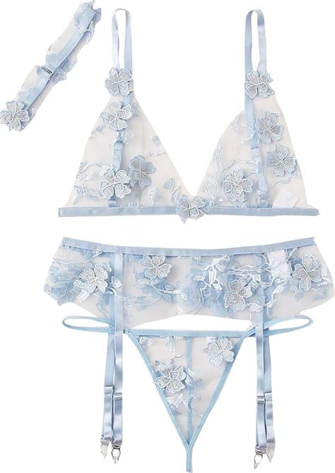 shein women s floral appliques mesh sheer sexy garter lingerie set with choker amazon ca