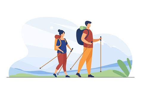 Free Vector Couple With Backpacks Walking Outdoors Tourists With