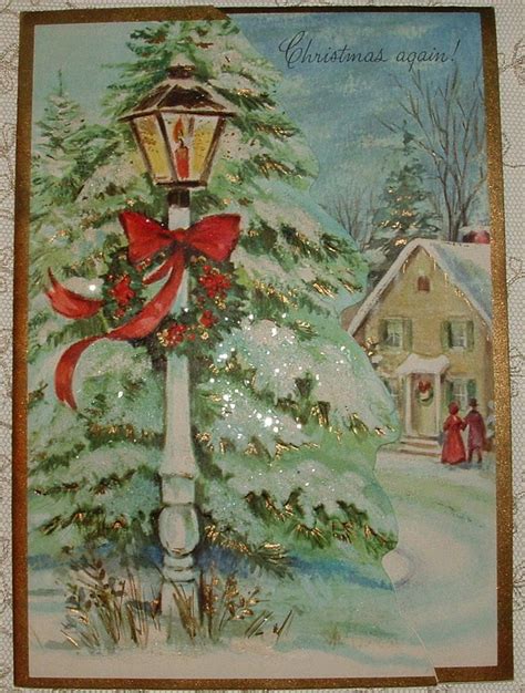 Unused 2 Full Images Glittered Lantern Carriage 50s Vintage Christmas Card Vintage