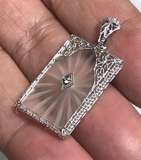 Antique 14k Solid White Gold Camphor Glass Diamond Filigree Necklace
