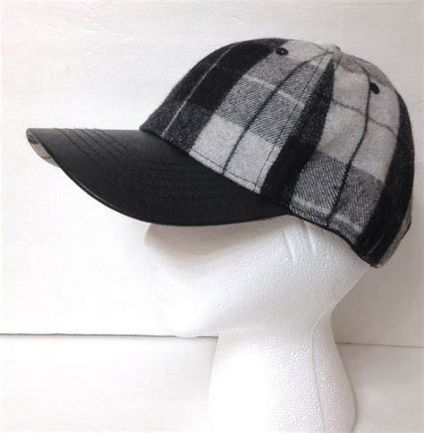 New Wool Blend Plaid Hat Gray And Black Faux Leather Brim Menwomen