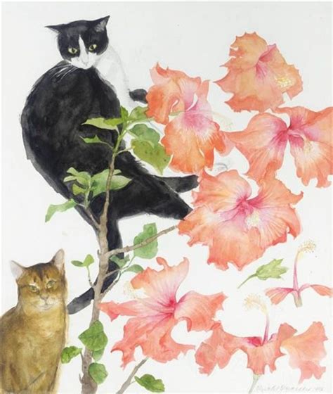 Elizabeth Blackadder Cats And Hibiscus Cat Art Illustration