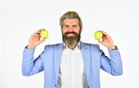 Cheerful Smiling Man With Apples Vitamin And Diet Fruit Harvest
