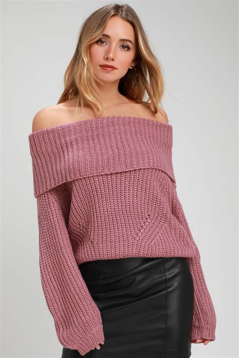 Cute Mauve Sweater Off The Shoulder Sweater Knit Sweater Lulus