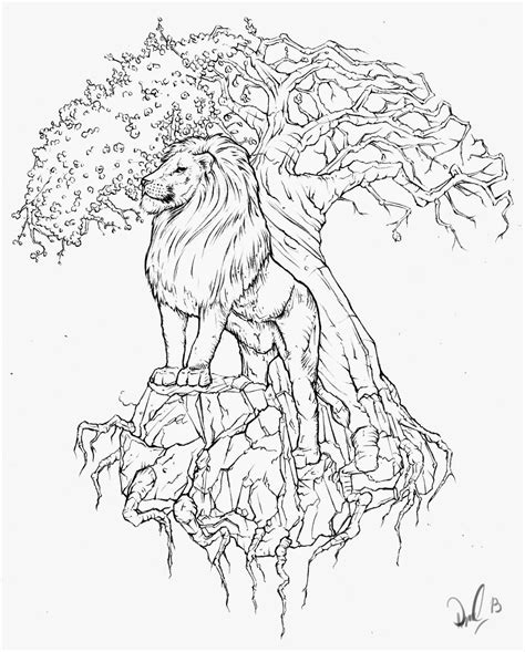 Three burly lions walk around on their hind legs in this printable animal coloring page for kids. Black Outline Lion With Tree Of Life Tattoo Stencil | Tree ...